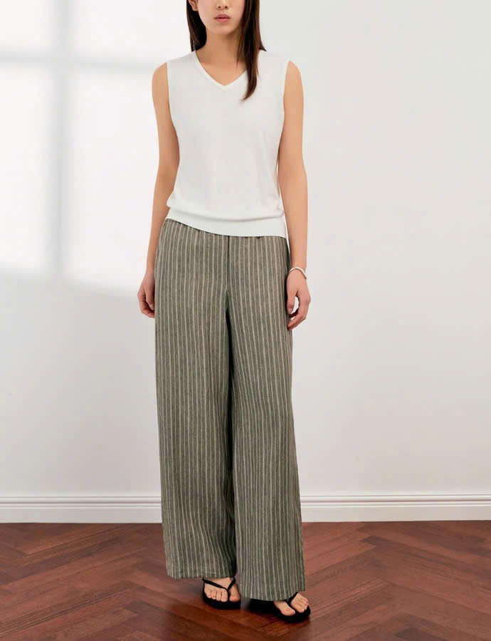 Quần suông linen cạp chun, 2 túi hông, họa tiết kẻ sọc thắng