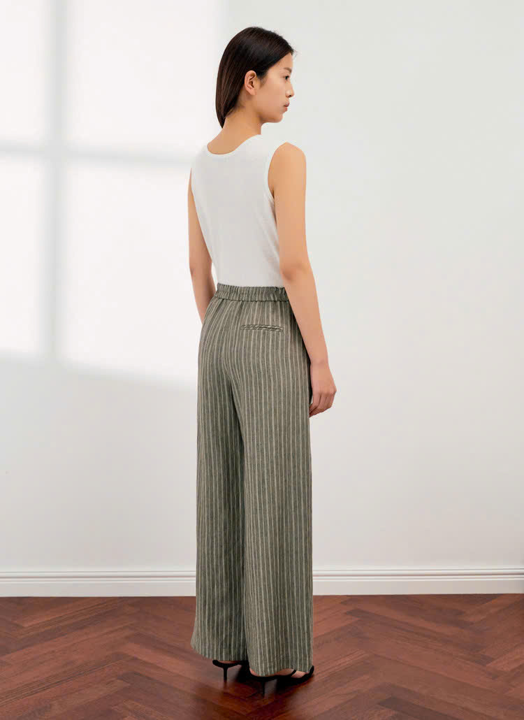 Quần suông linen cạp chun, 2 túi hông, họa tiết kẻ sọc thắng