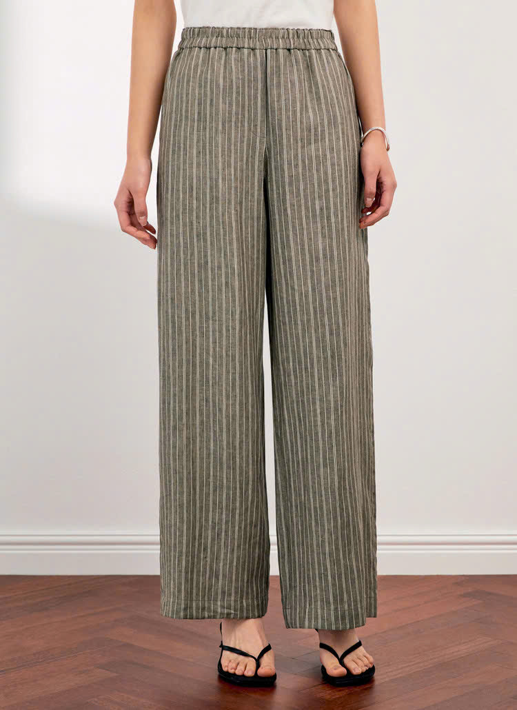 Quần suông linen cạp chun, 2 túi hông, họa tiết kẻ sọc thắng