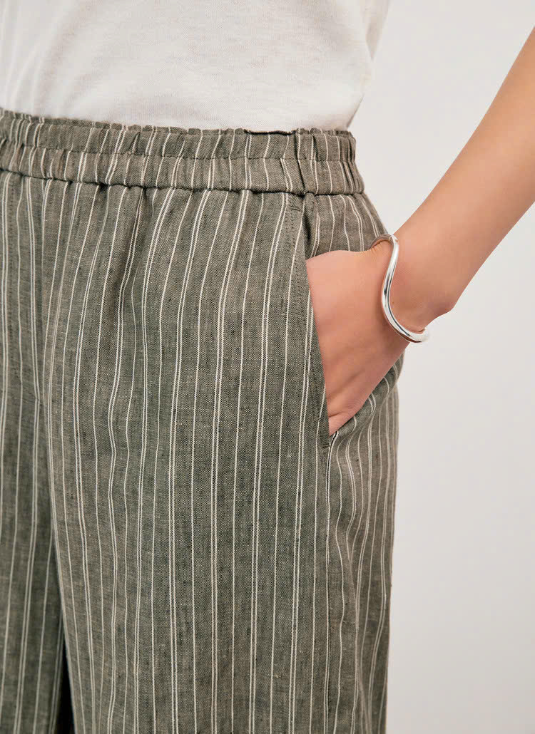 Quần suông linen cạp chun, 2 túi hông, họa tiết kẻ sọc thắng