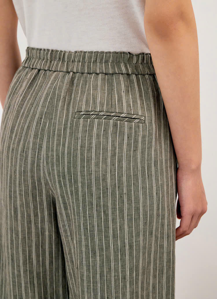 Quần suông linen cạp chun, 2 túi hông, họa tiết kẻ sọc thắng