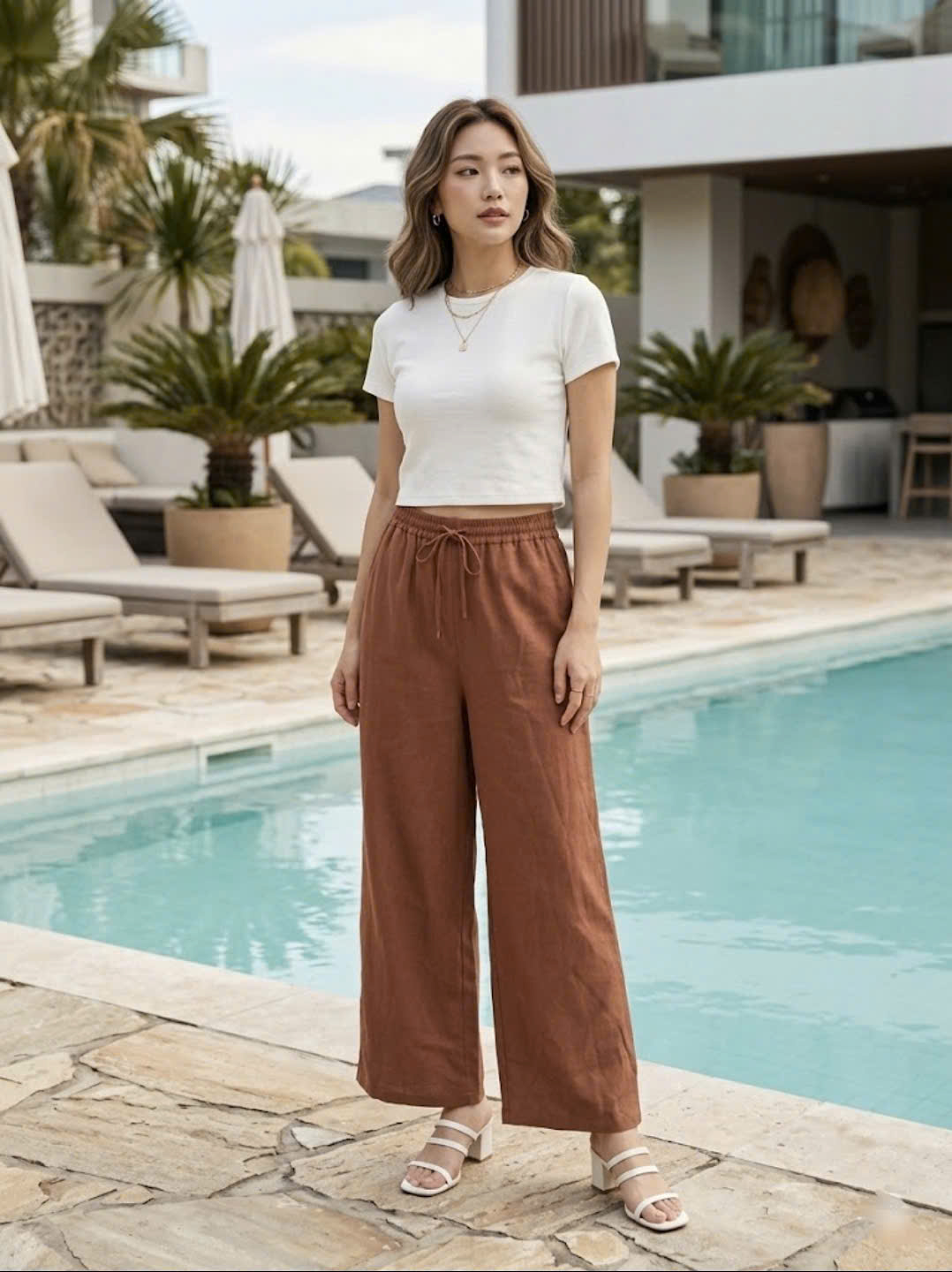 Quần suông linen cạp chun, dây rút quần,2 túi dọc