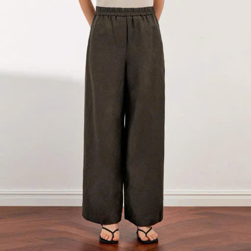 Quần suông ống rộng linen, cạp chun