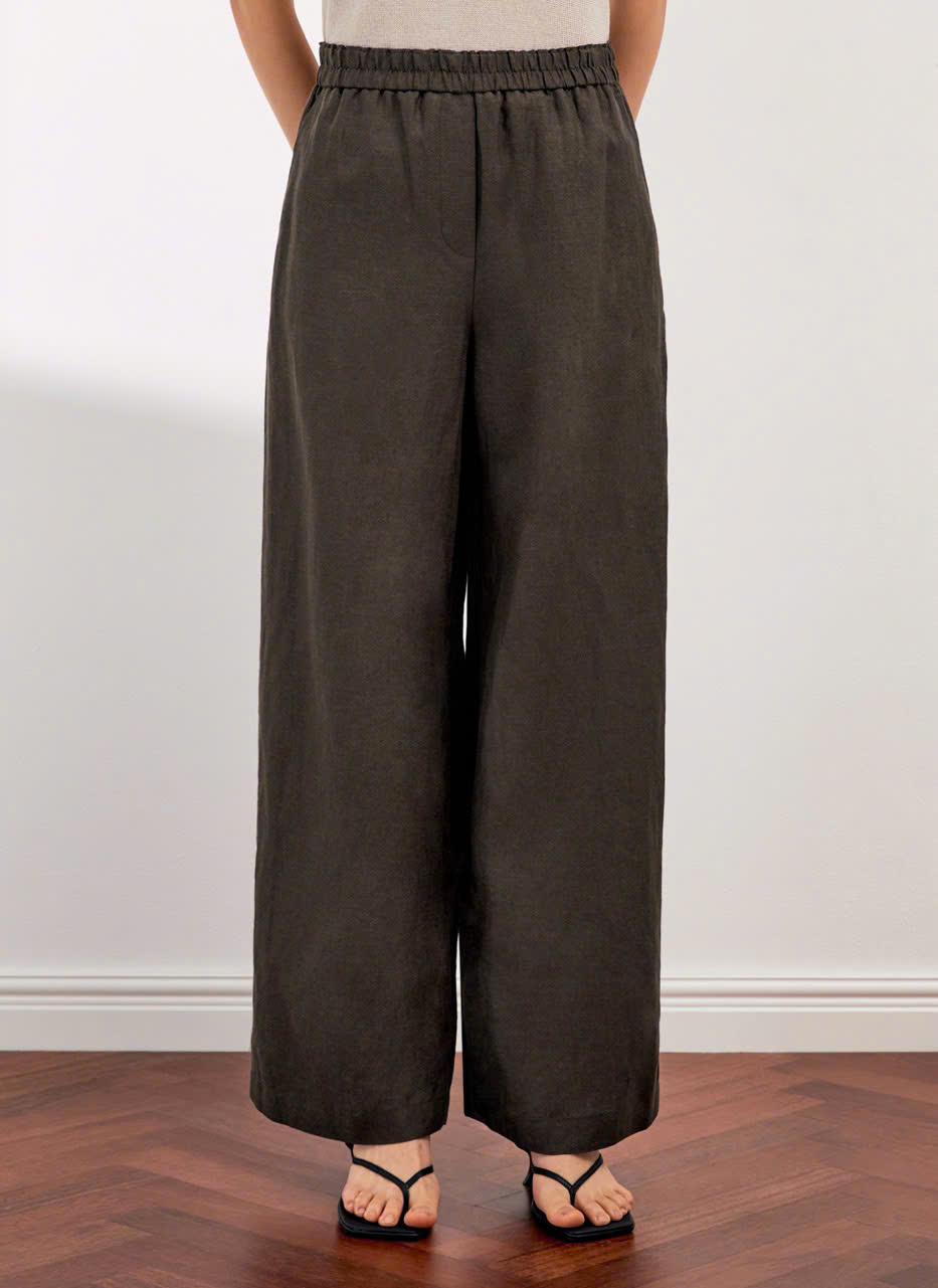 Quần suông ống rộng linen, cạp chun