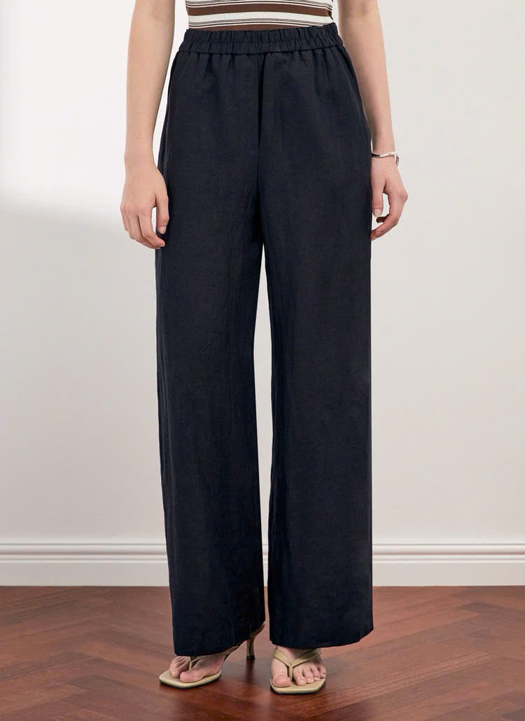 Quần suông ống rộng linen, cạp chun