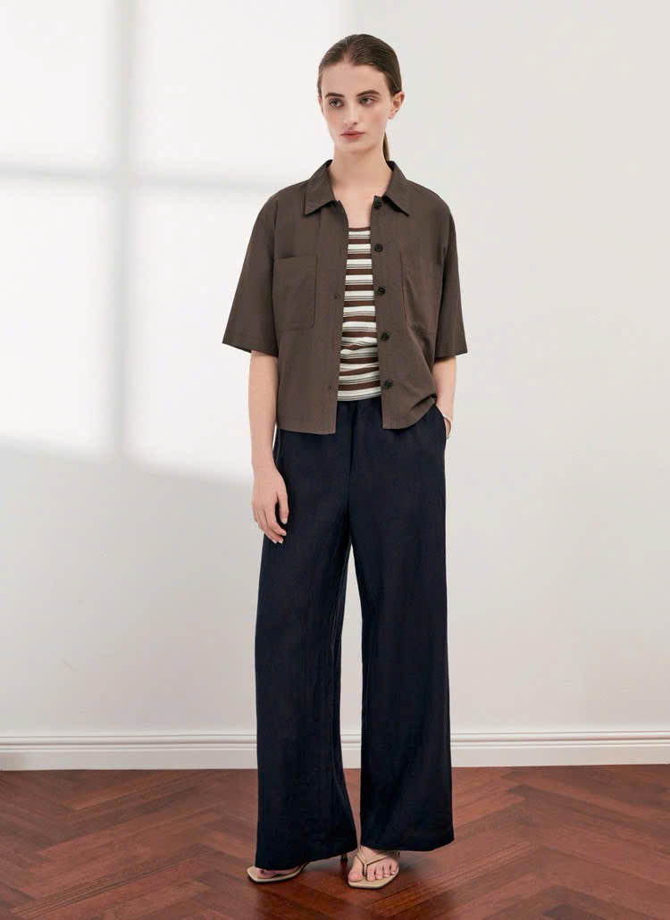 Quần suông ống rộng linen, cạp chun