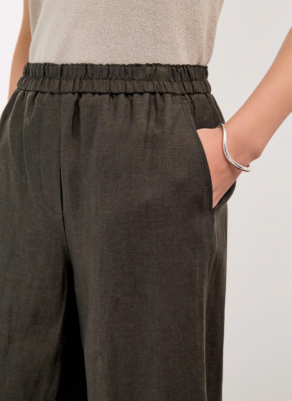 Quần suông ống rộng linen, cạp chun