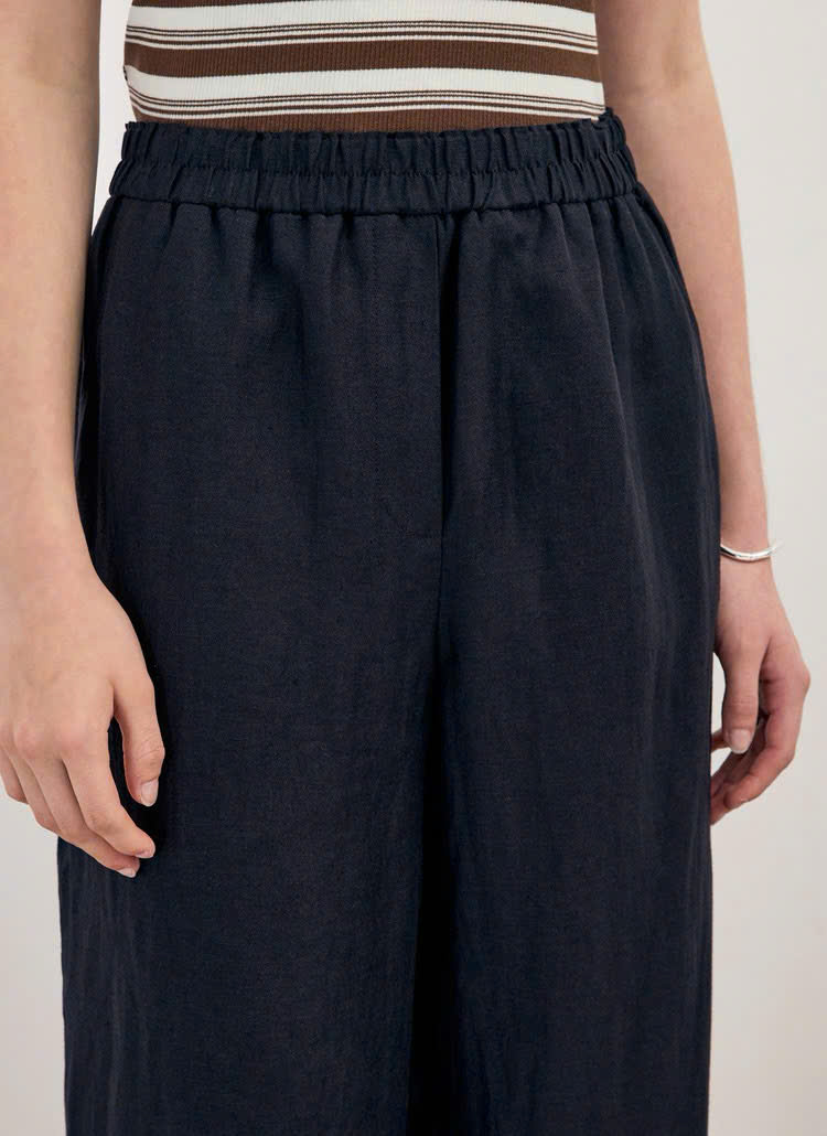 Quần suông ống rộng linen, cạp chun