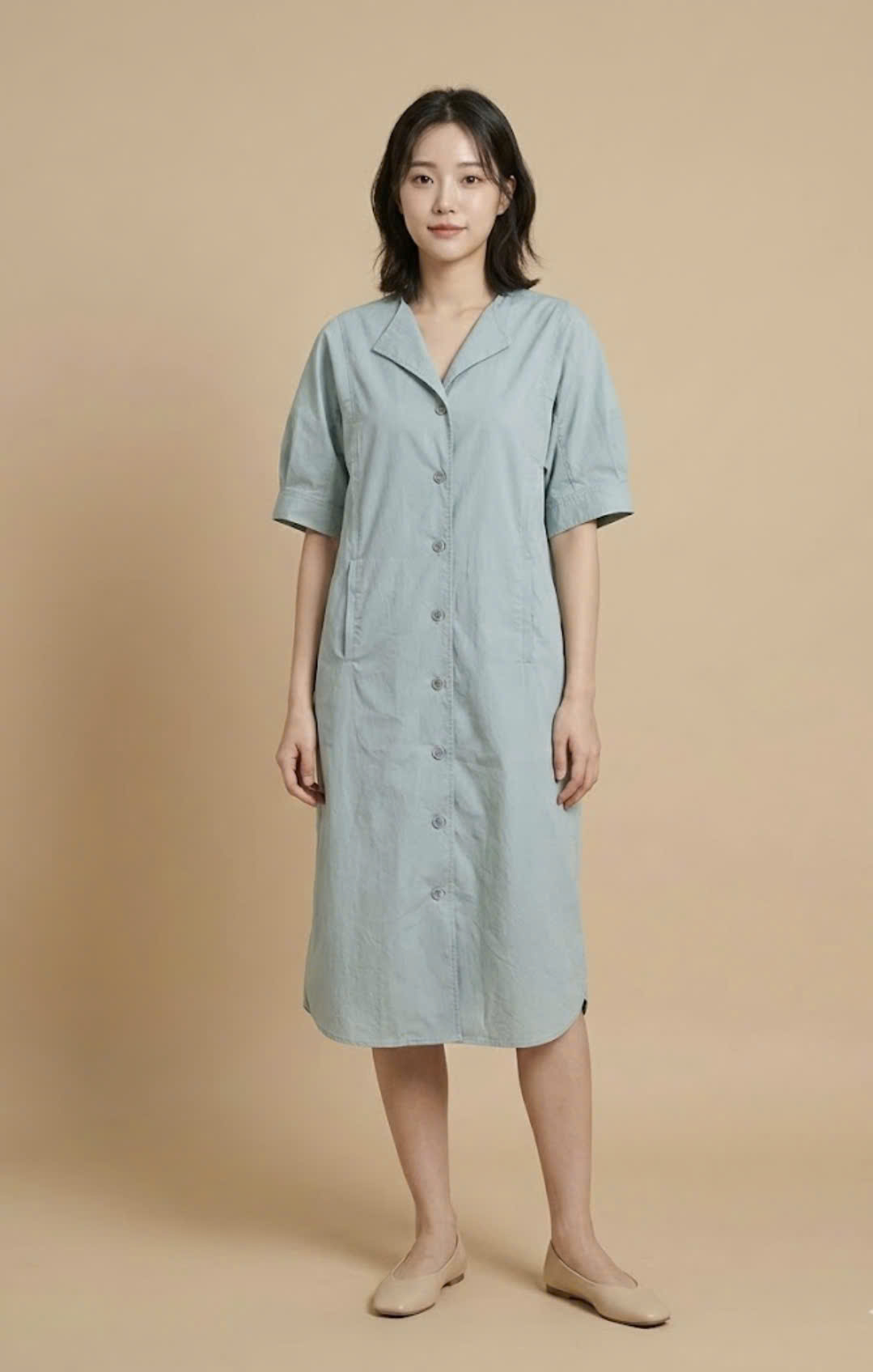 Váy liền cổ bẻ, cài hàng cúc, 2 màu