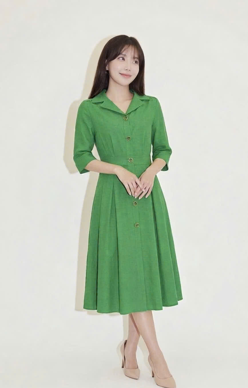 Váy liền cổ vest ,tay lửng, màu xanh lá