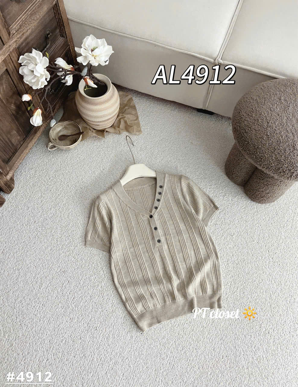 AL4912 Áo len cộc tay cúc viền cổ