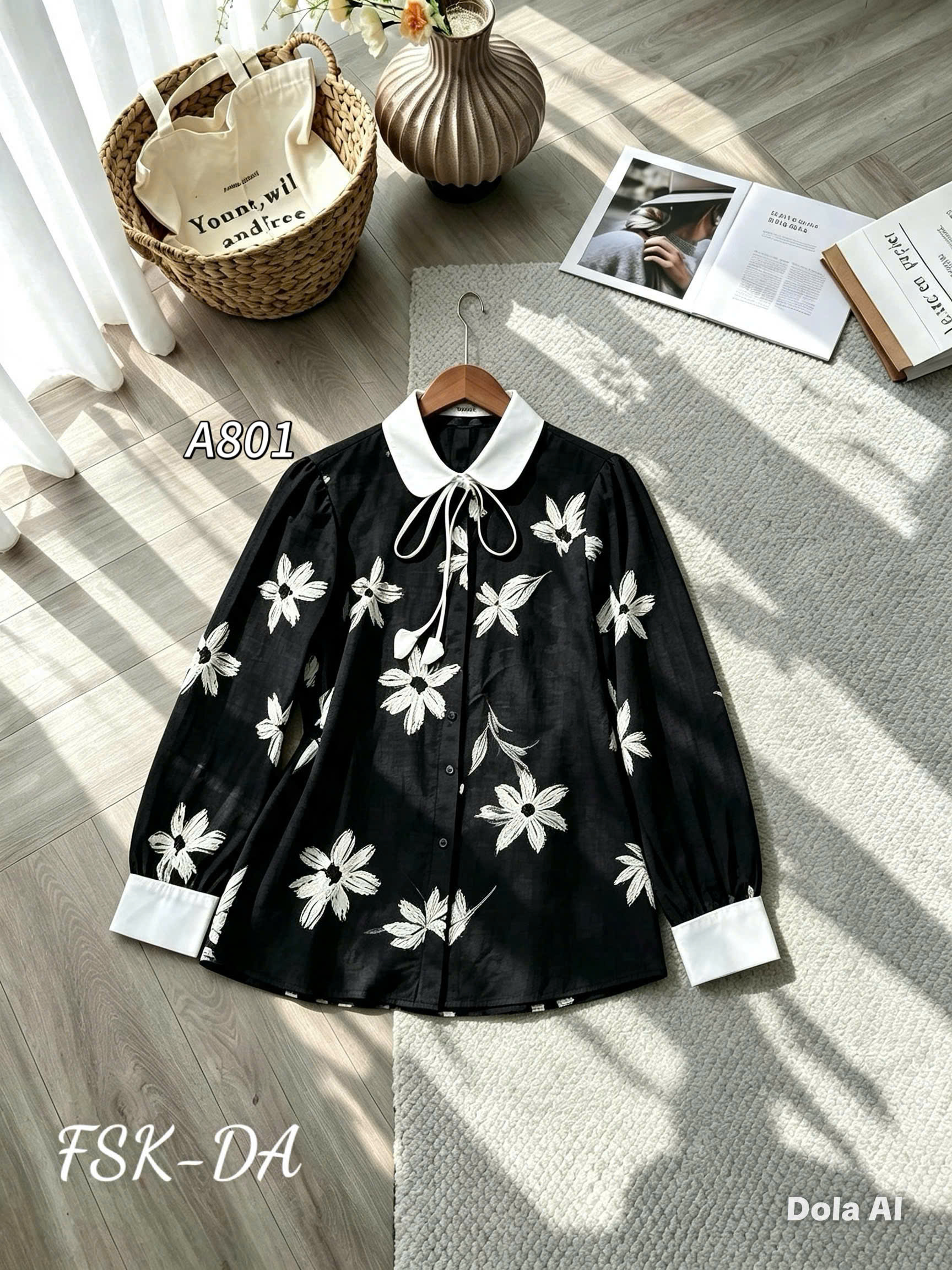 A801 áo sơ mi hoa 3D phối cổ và dây nơ hoa