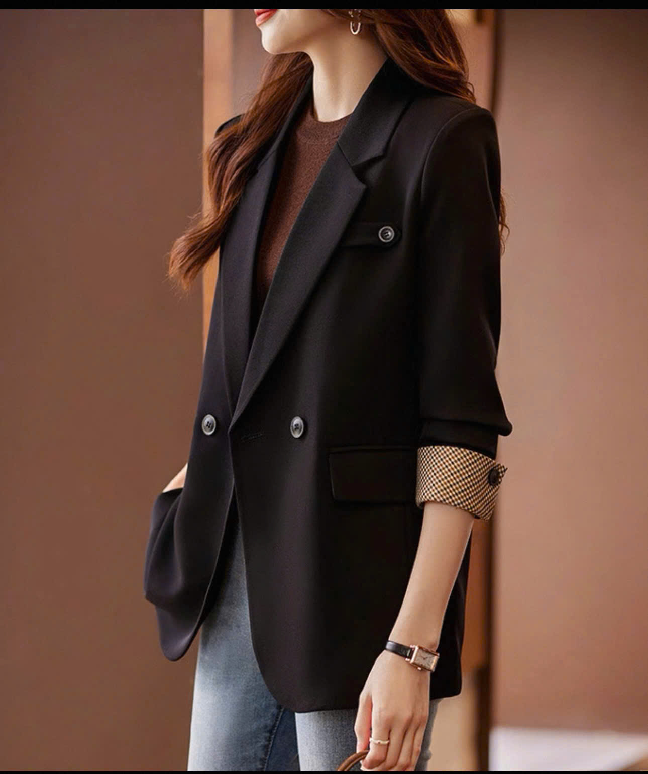 AV33 áo vest dài tay phối kẻ
