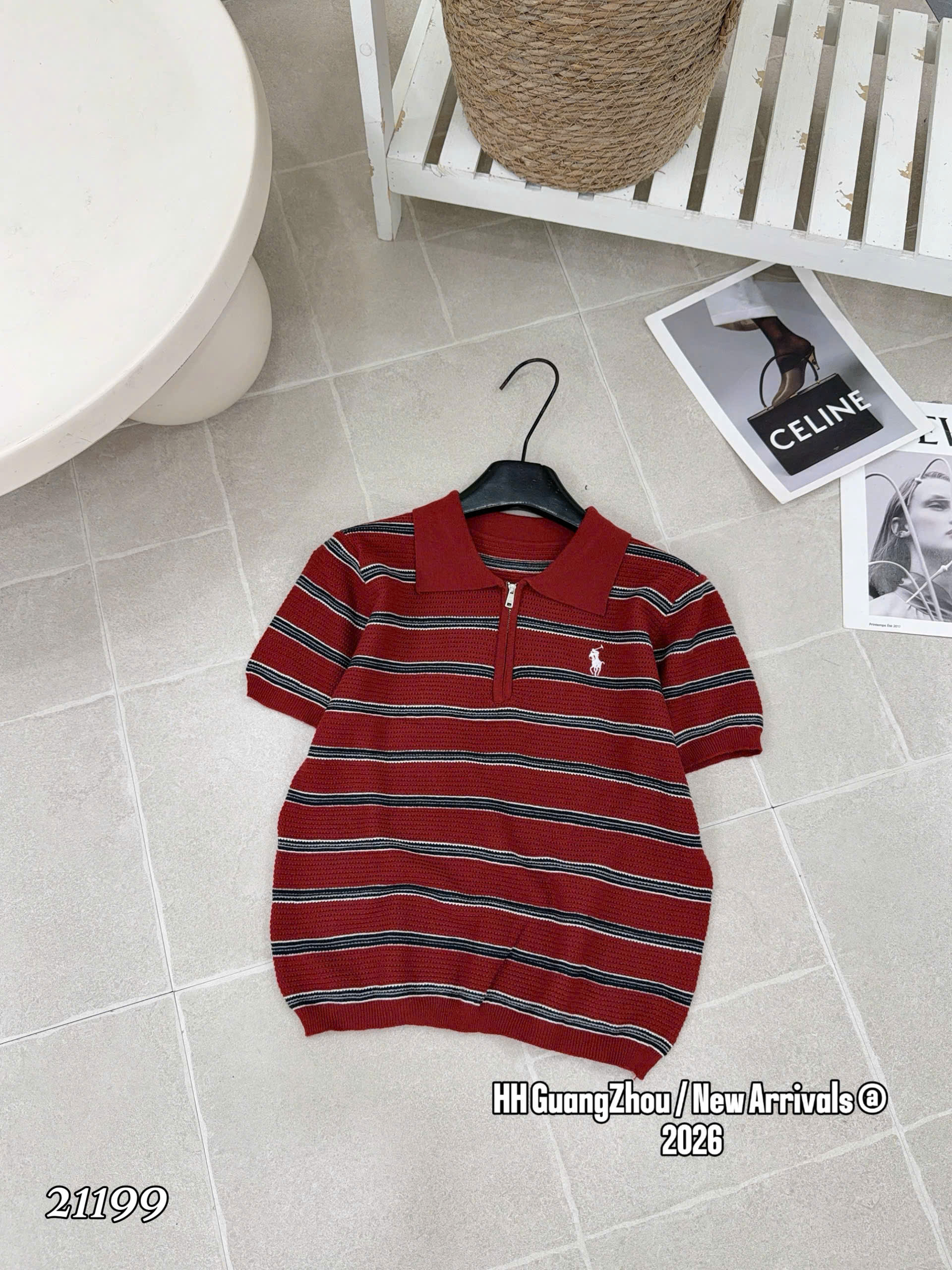 AL21199 Áo len kẻ tay cộc thêu ngựa
