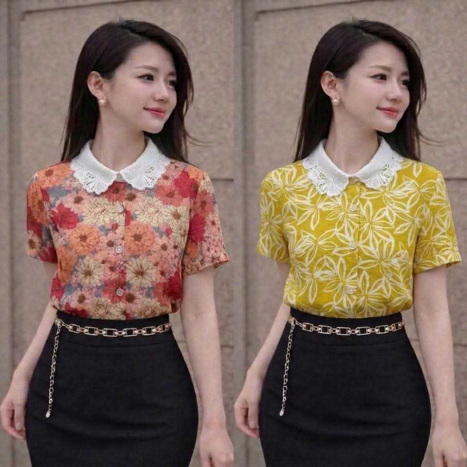 A609 Aó sơ mi cổ ren họa tiết