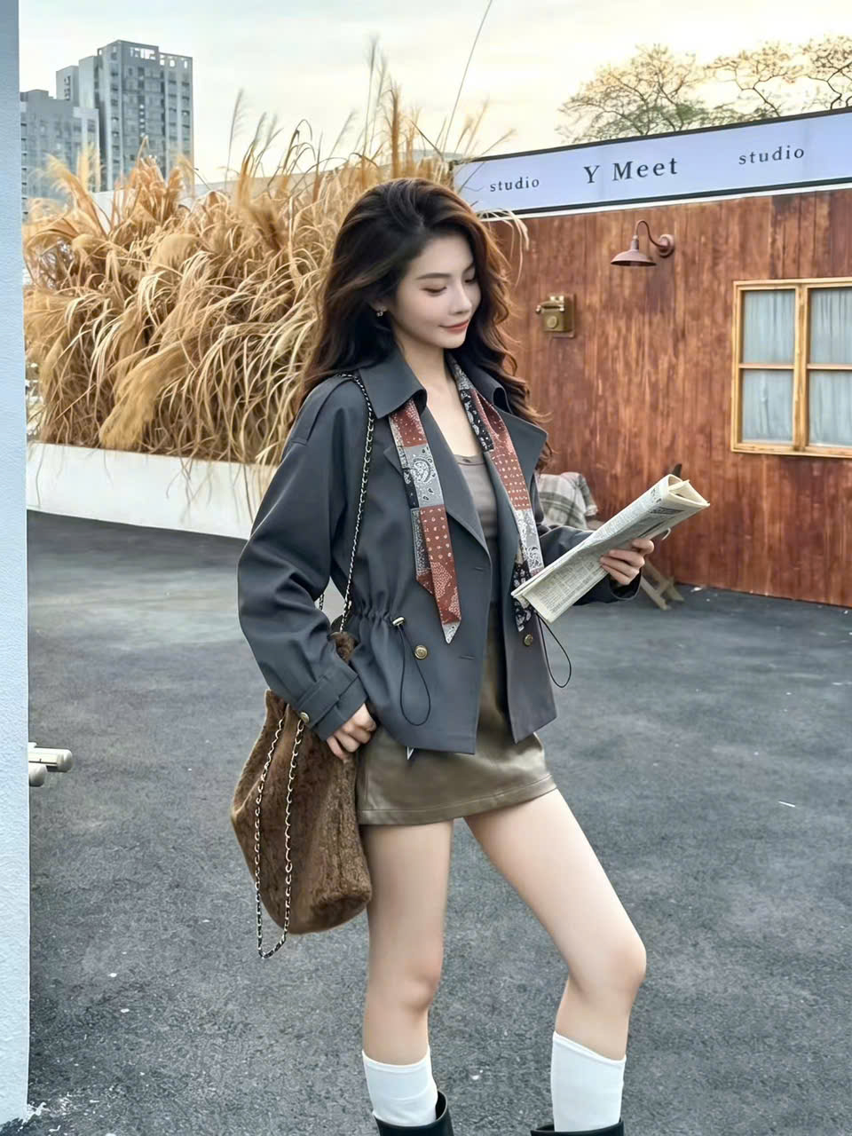 MT8609 _ Áo măng tô kèm khăn lụa