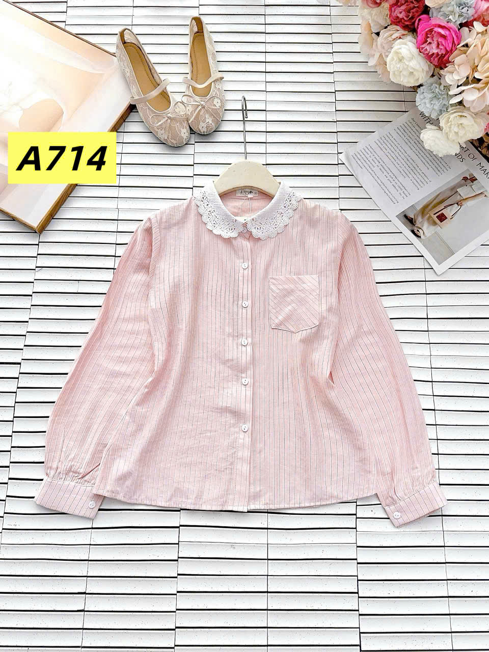 A714 áo kẻ cổ ren dài tay