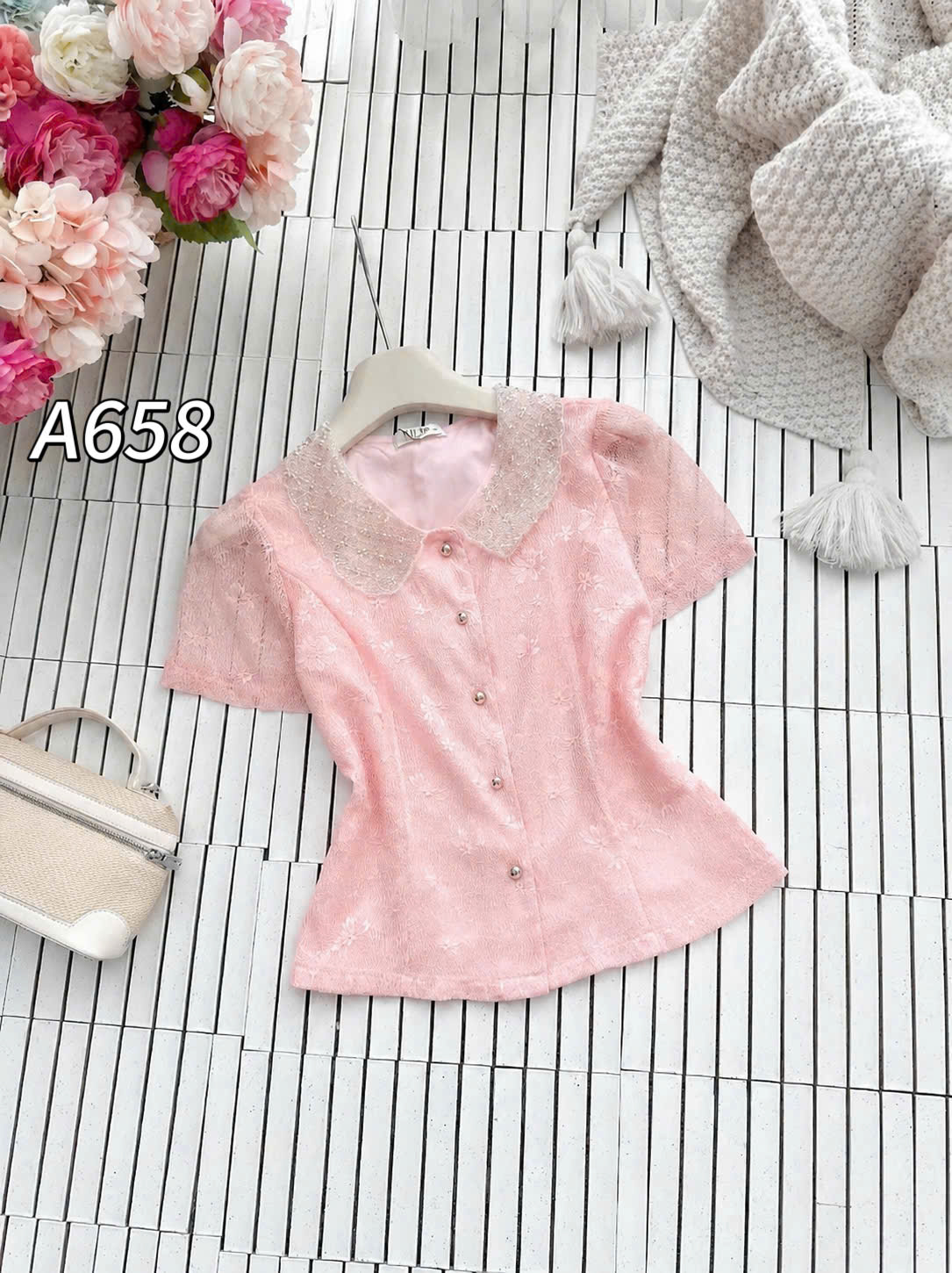 A658 Áo sơ mi cổ cườm vân hoa
