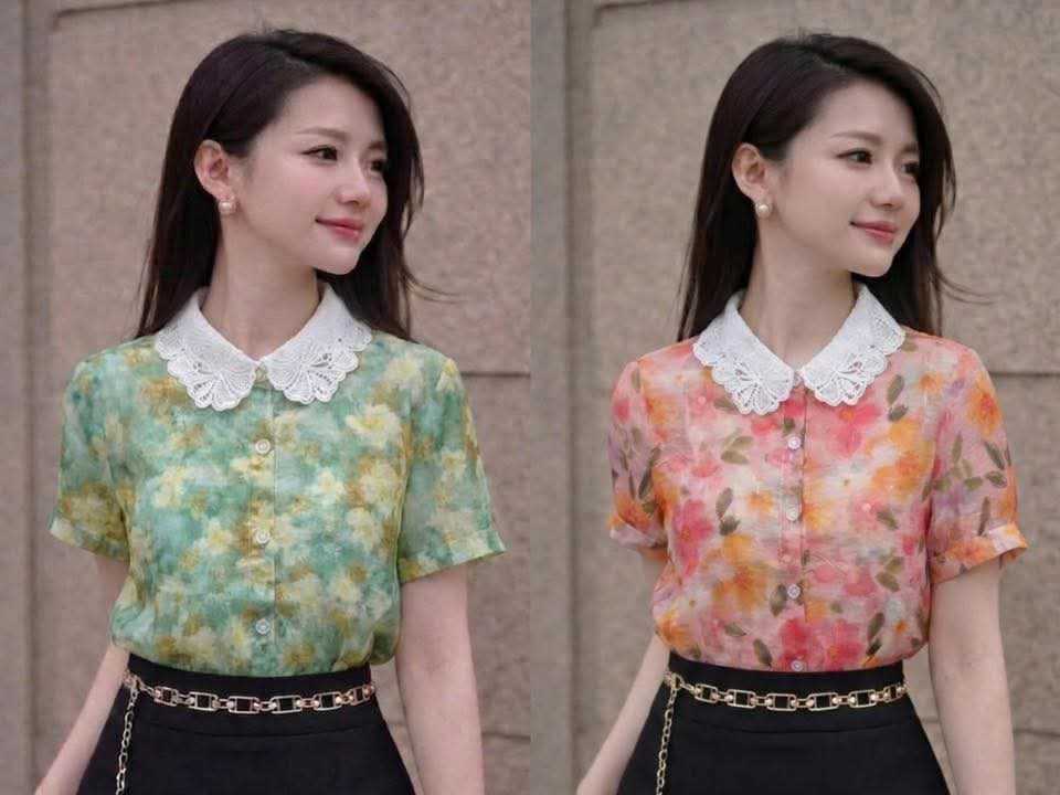 A609 Aó sơ mi cổ ren họa tiết