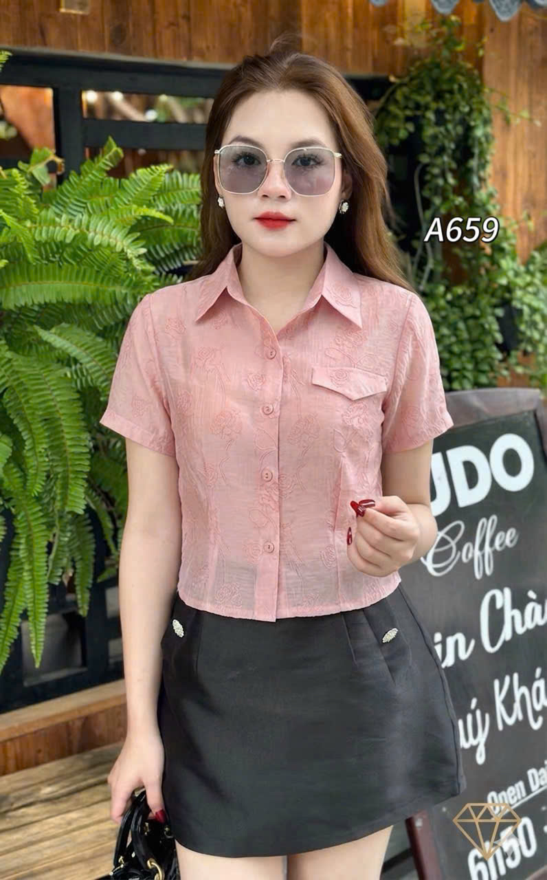 A659 Áo sơ mi náp túi vân hoa