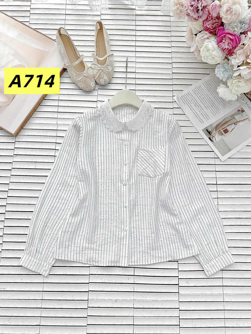 A714 áo kẻ cổ ren dài tay