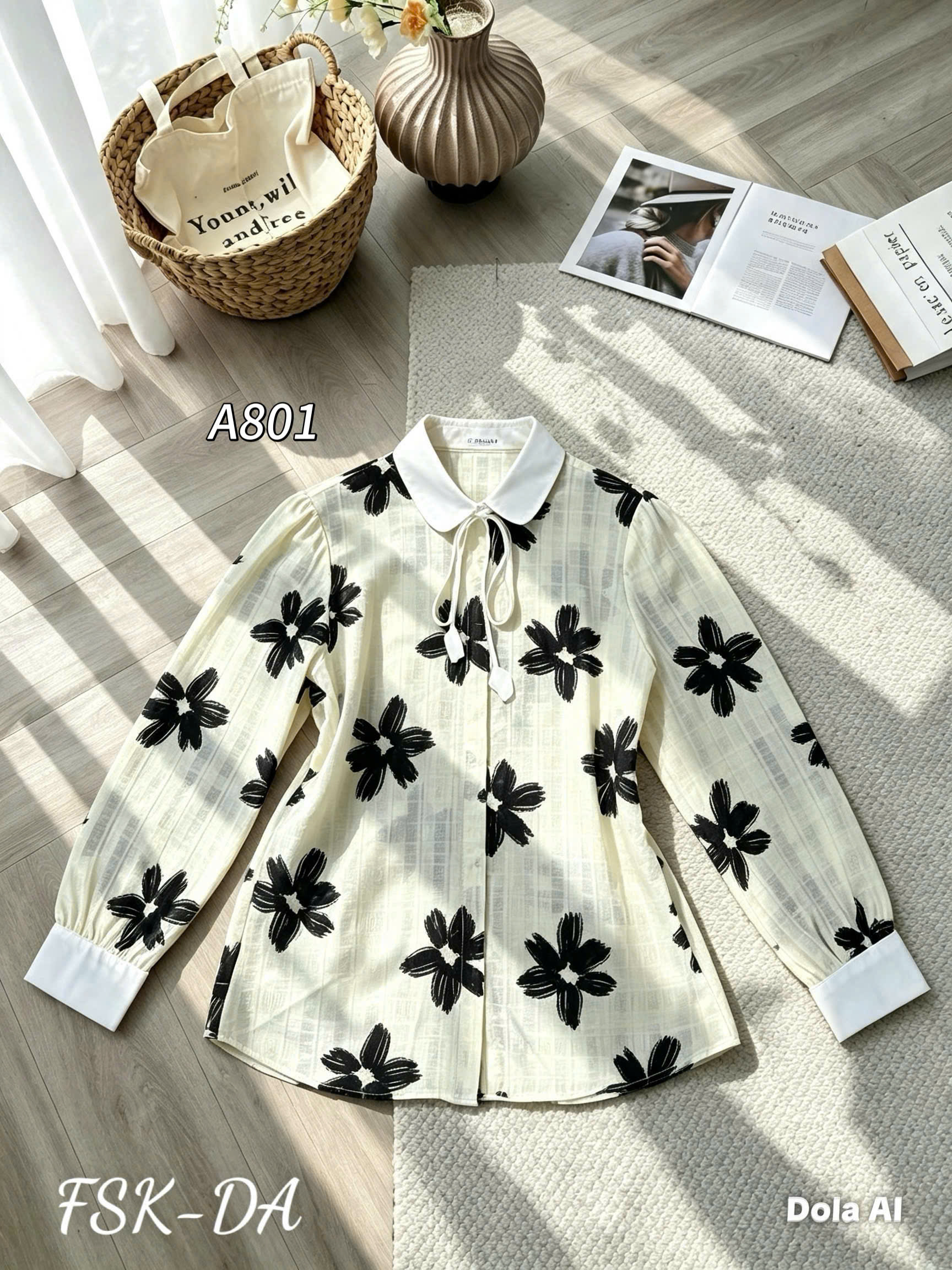 A801 áo sơ mi hoa 3D phối cổ và dây nơ hoa