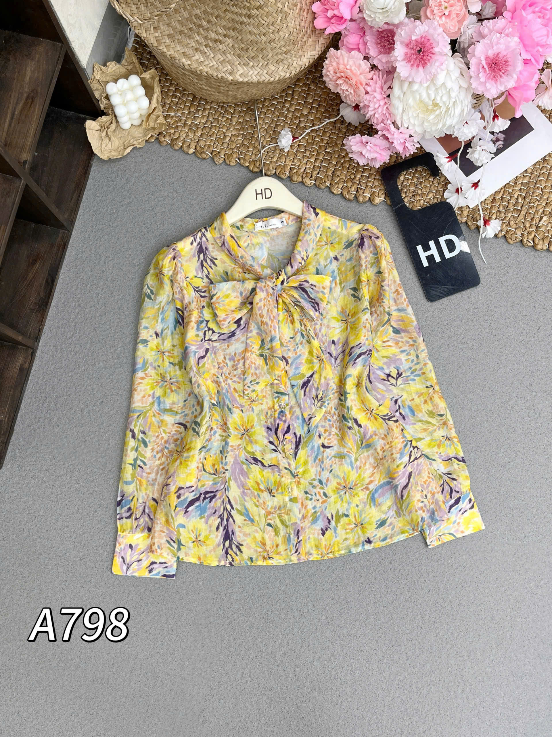 A798 áo hoa nhí cổ nơ