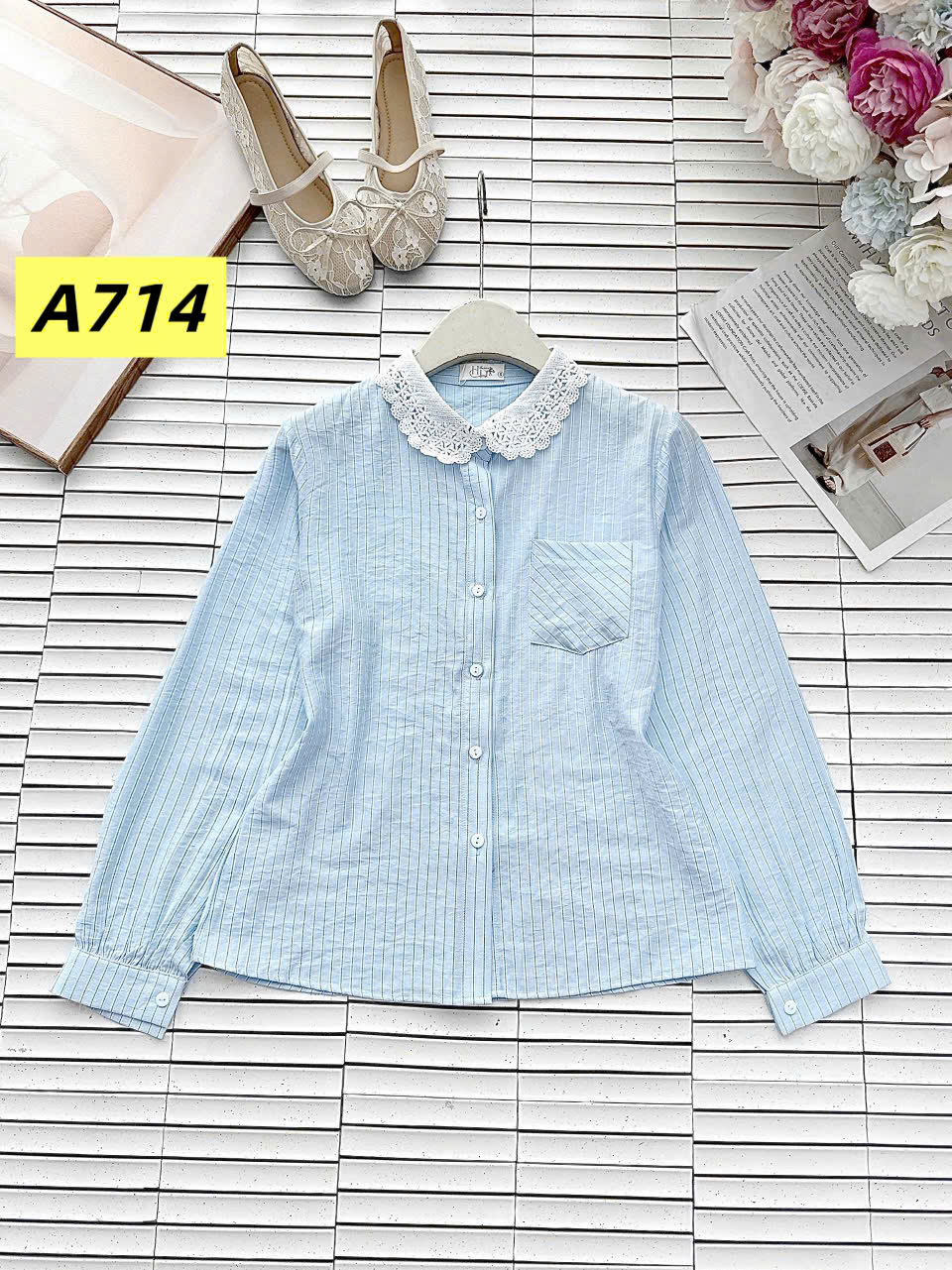 A714 áo kẻ cổ ren dài tay