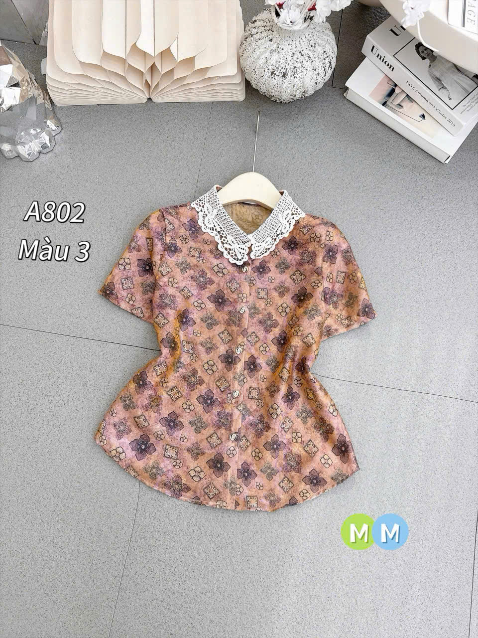 A802 áo hoa cổ ren tơ tencel