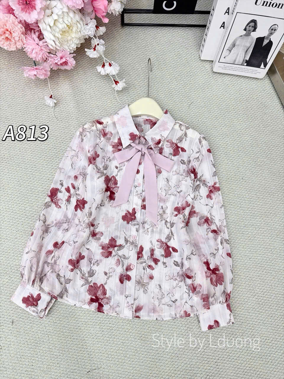 A813 áo sơ mi hoa kèm nơ xinh
