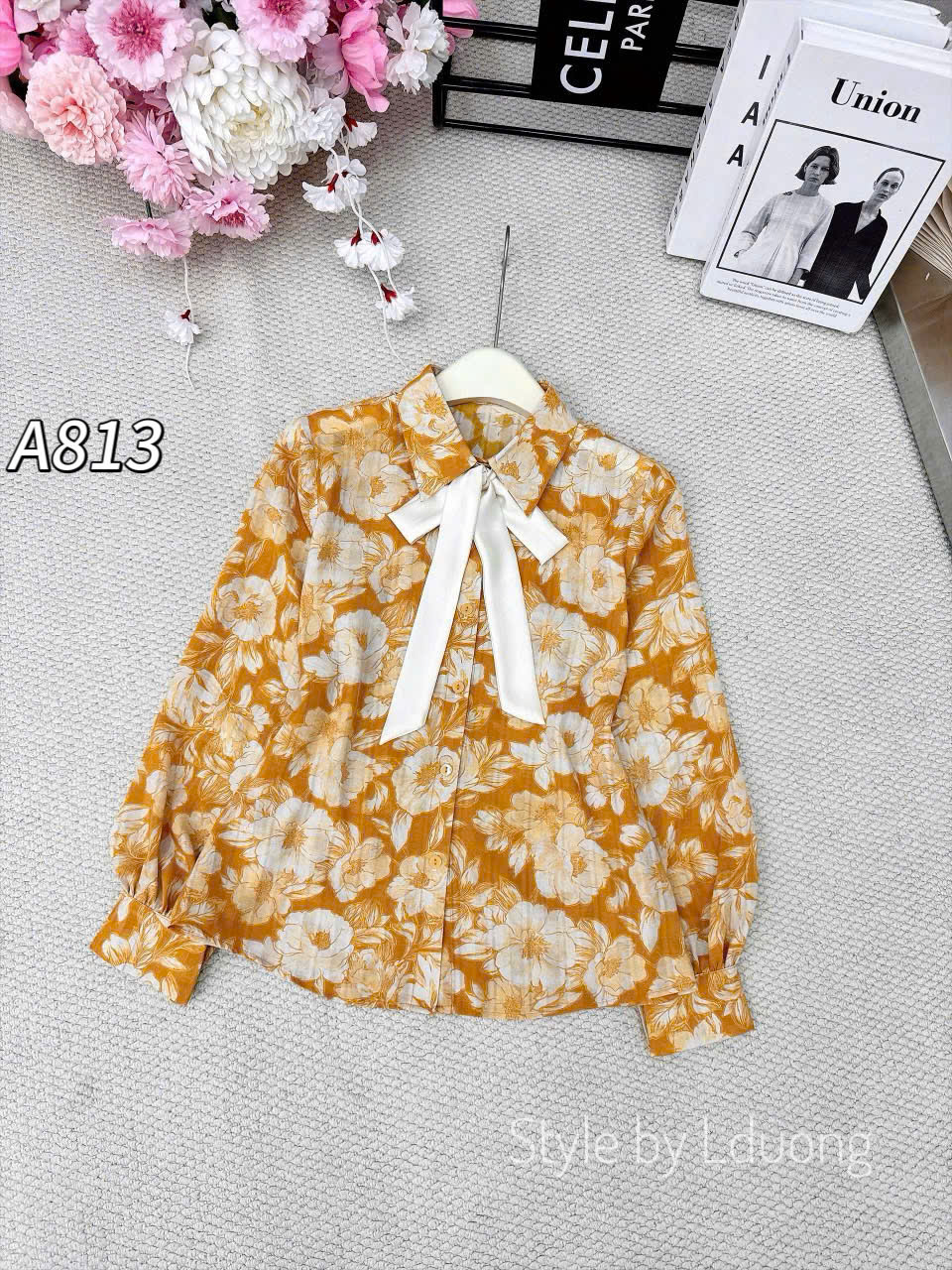 A813 áo sơ mi hoa kèm nơ xinh