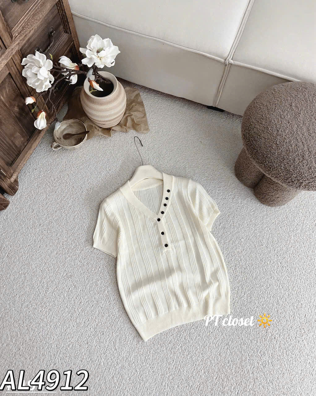 AL4912 Áo len cộc tay cúc viền cổ