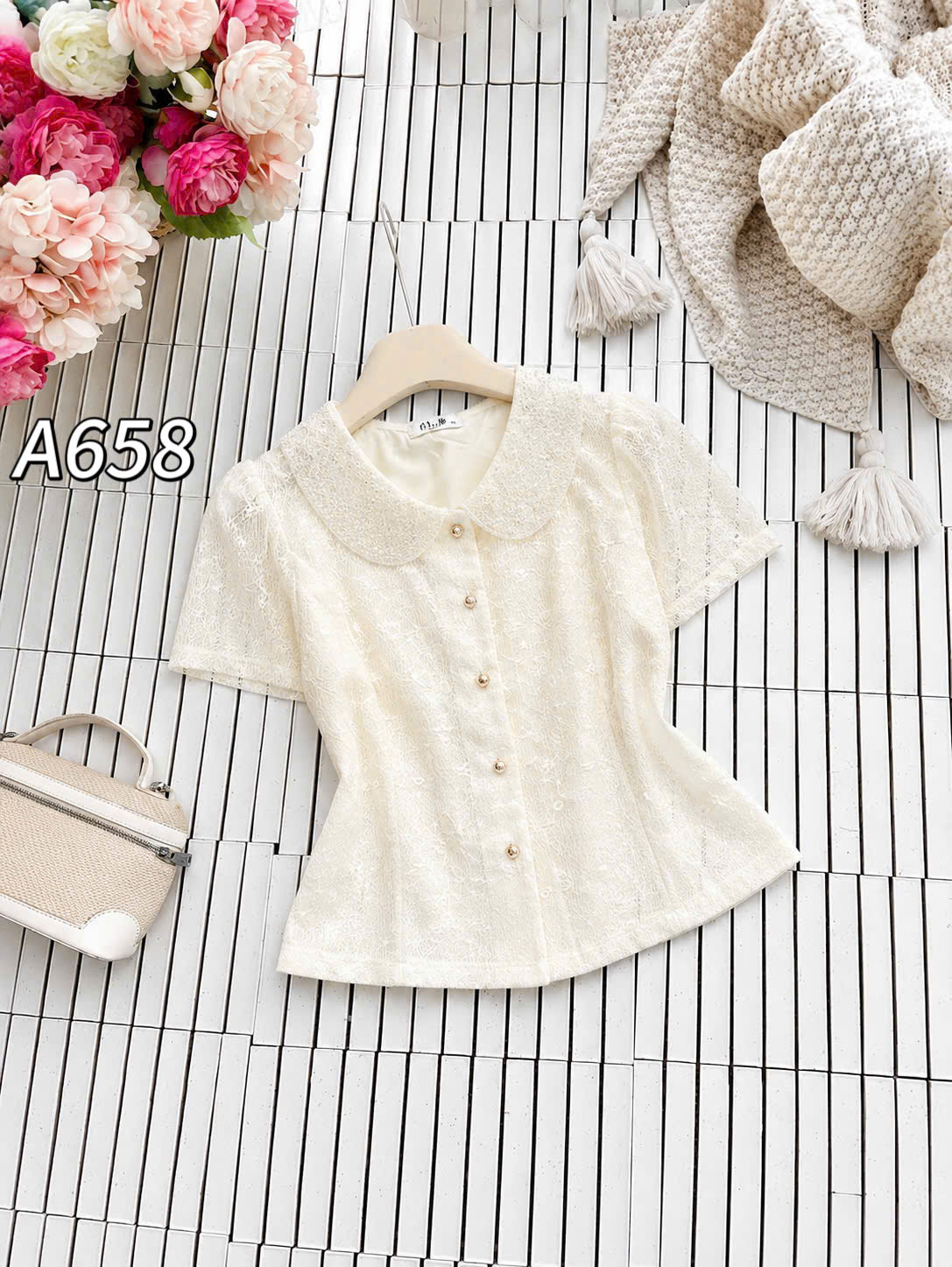 A658 Áo sơ mi cổ cườm vân hoa