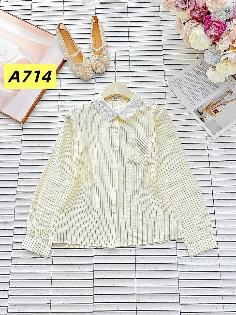 A714 áo kẻ cổ ren dài tay