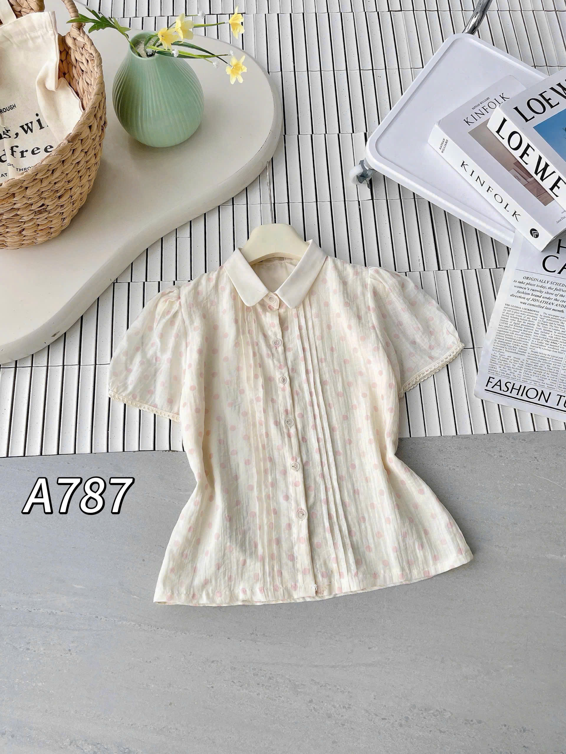 A787 áo tơ chấm bi cổ sen
