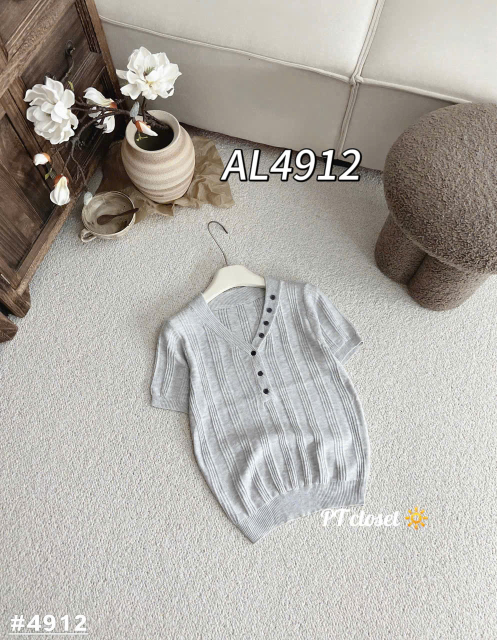 AL4912 Áo len cộc tay cúc viền cổ