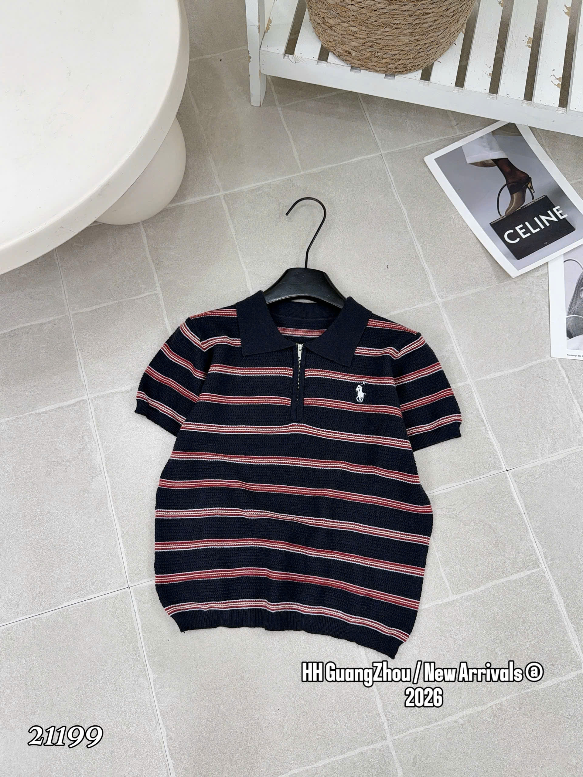AL21199 Áo len kẻ tay cộc thêu ngựa