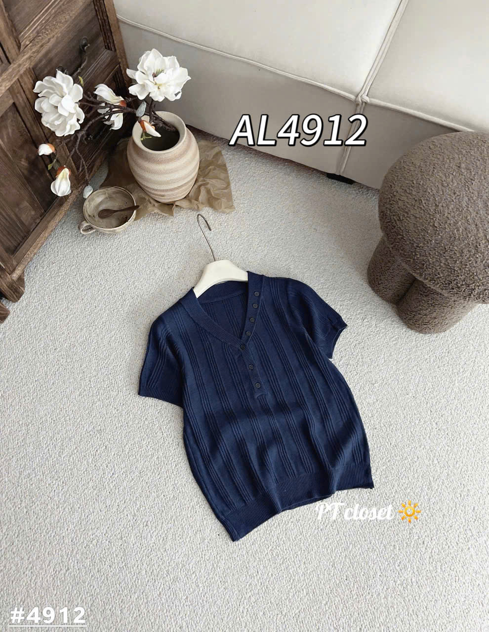 AL4912 Áo len cộc tay cúc viền cổ