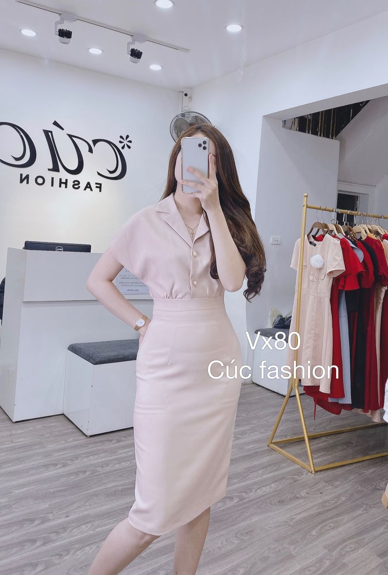 vx80 váy cổ vest cúc ngọc