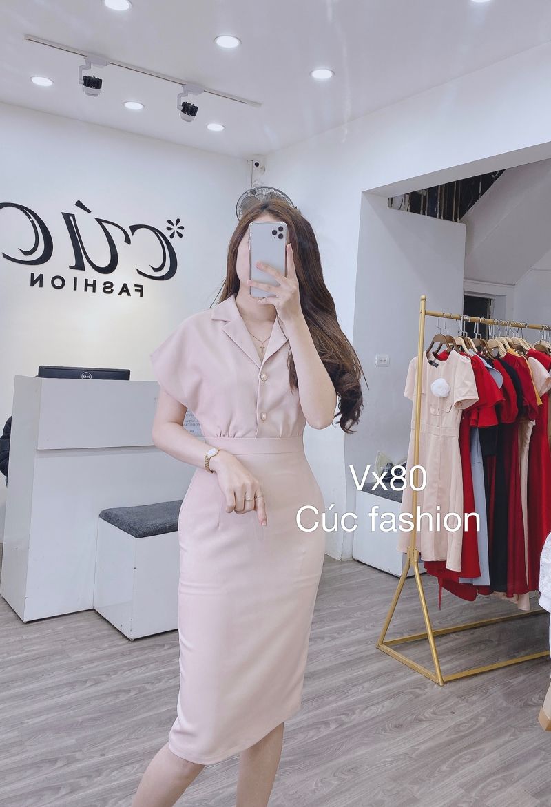 vx80 váy cổ vest cúc ngọc