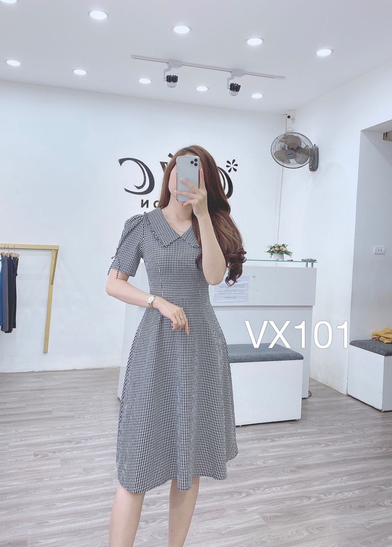 VX101 váy caro cổ sen