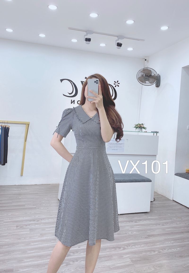 VX101 váy caro cổ sen