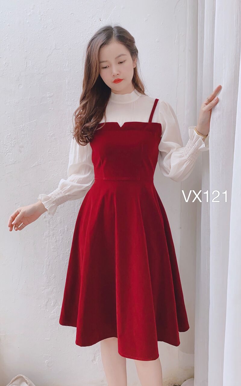 Váy xòe đỏ phối trắng can dây viền - 3967