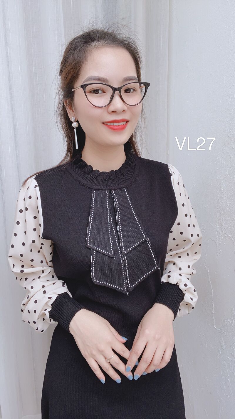 VL27 váy len tay voan chấm bi