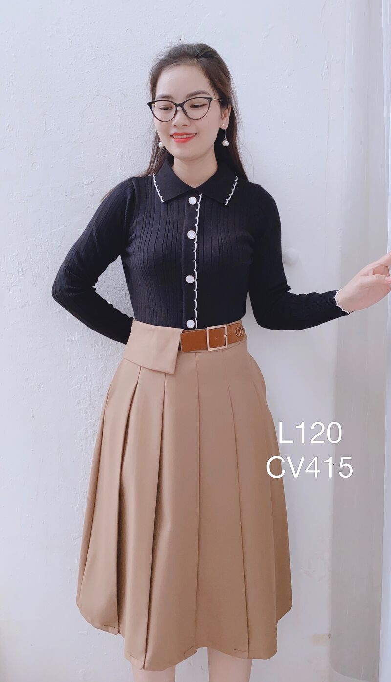 CV415 cv xếp ly phối đai nâu bò
