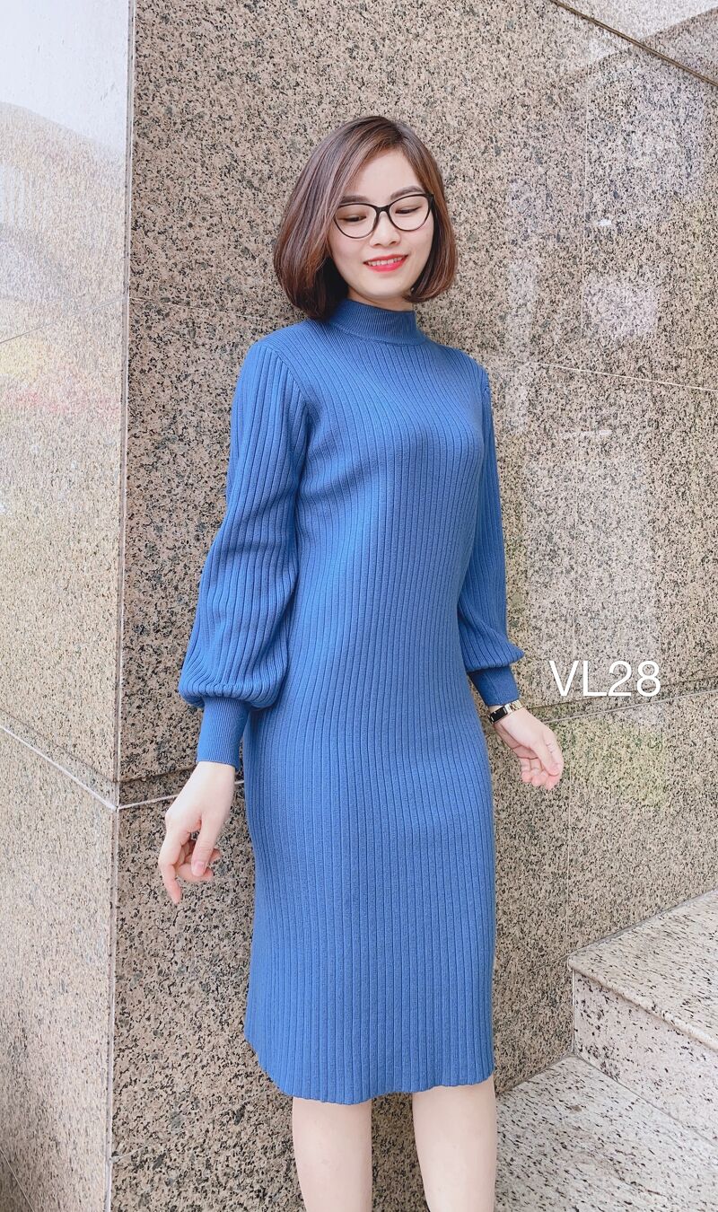 Váy vải crêpe tay bóng bay - Màu xanh dương/Hoa văn - Ladies | H&M VN