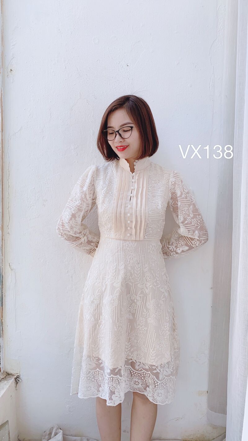 VX138 váy liền than tay ren ly ngực