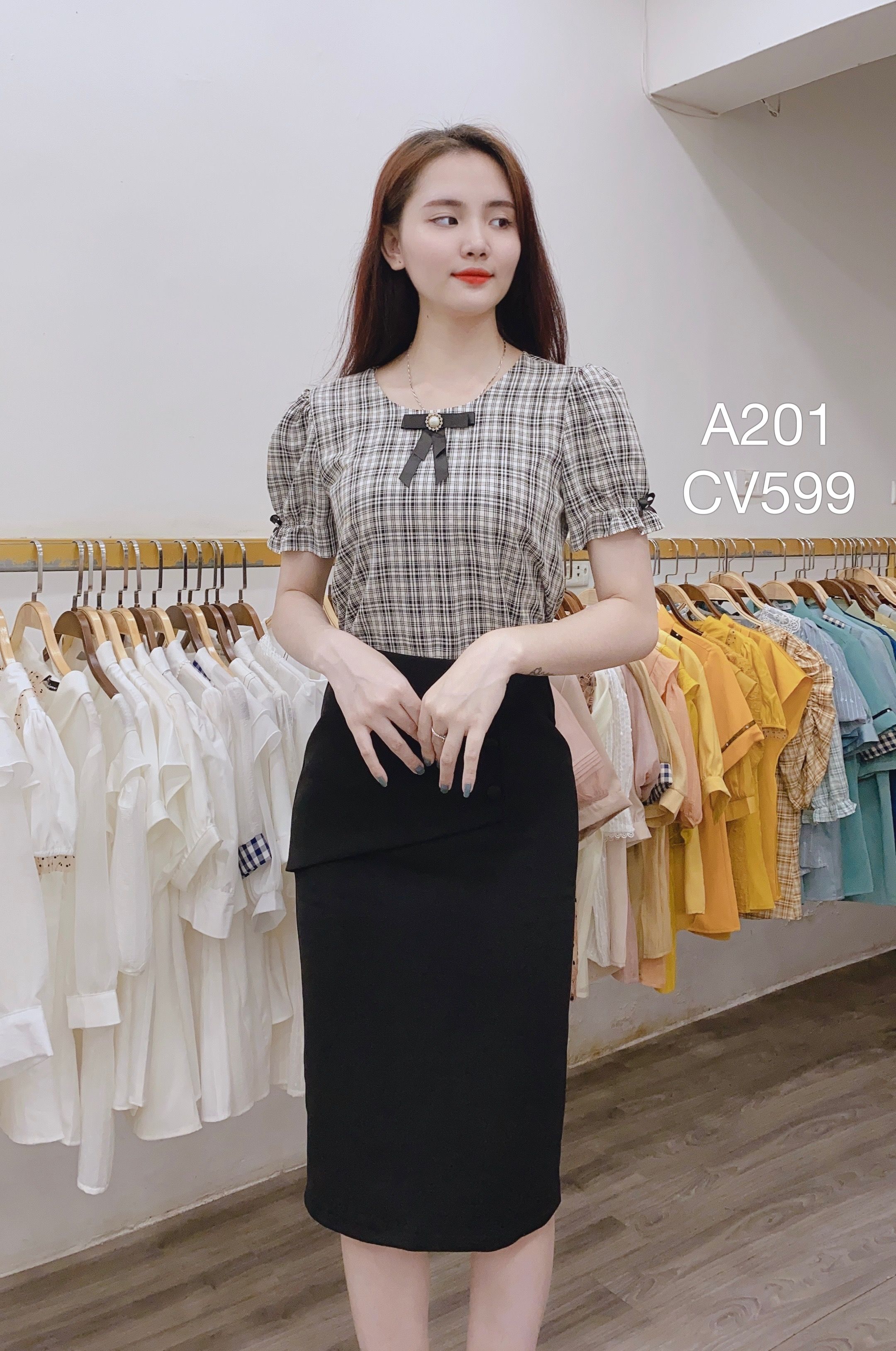 A201 áo sơ mi kẻ nơ cài đen