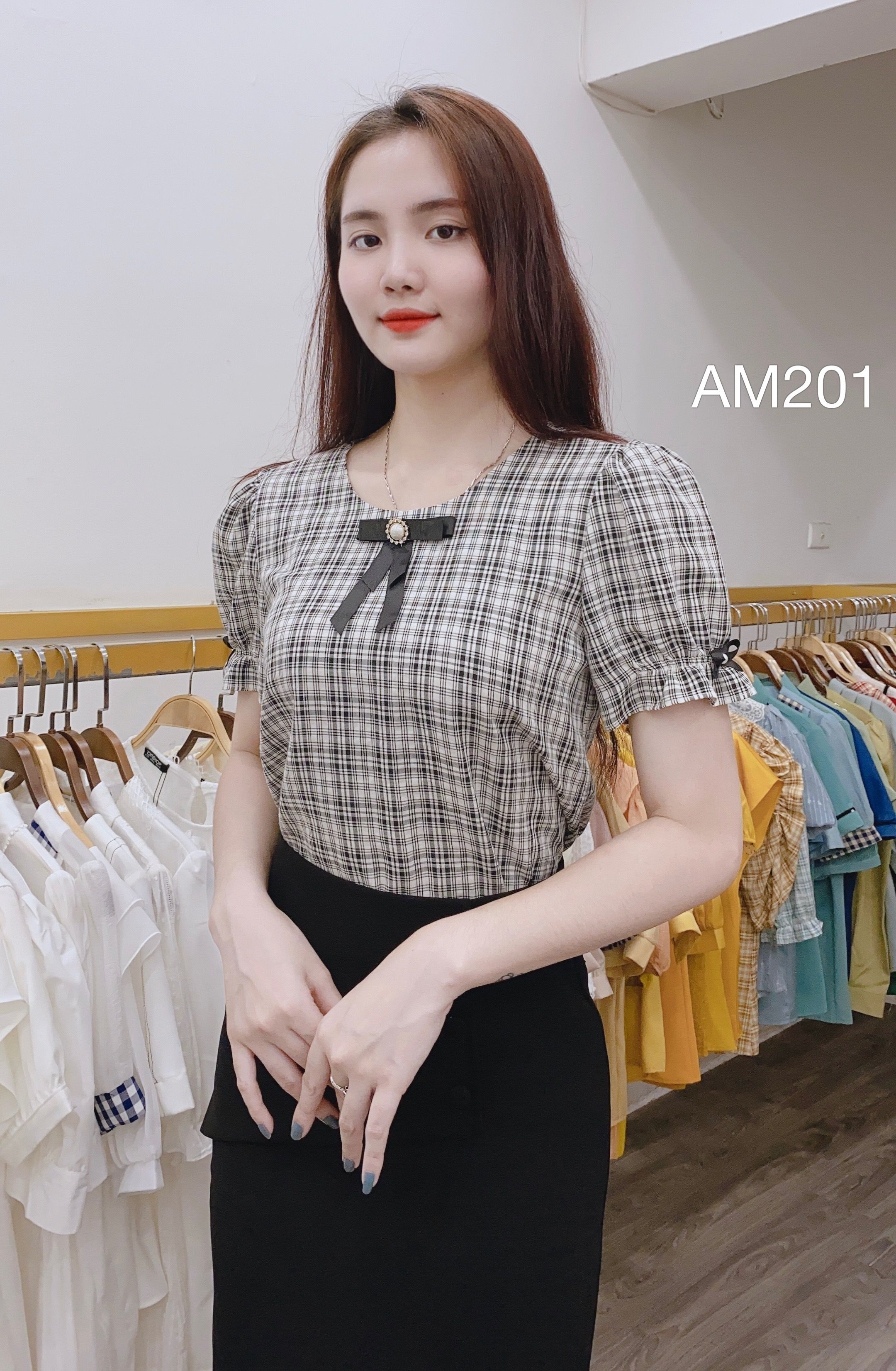 A201 áo sơ mi kẻ nơ cài đen