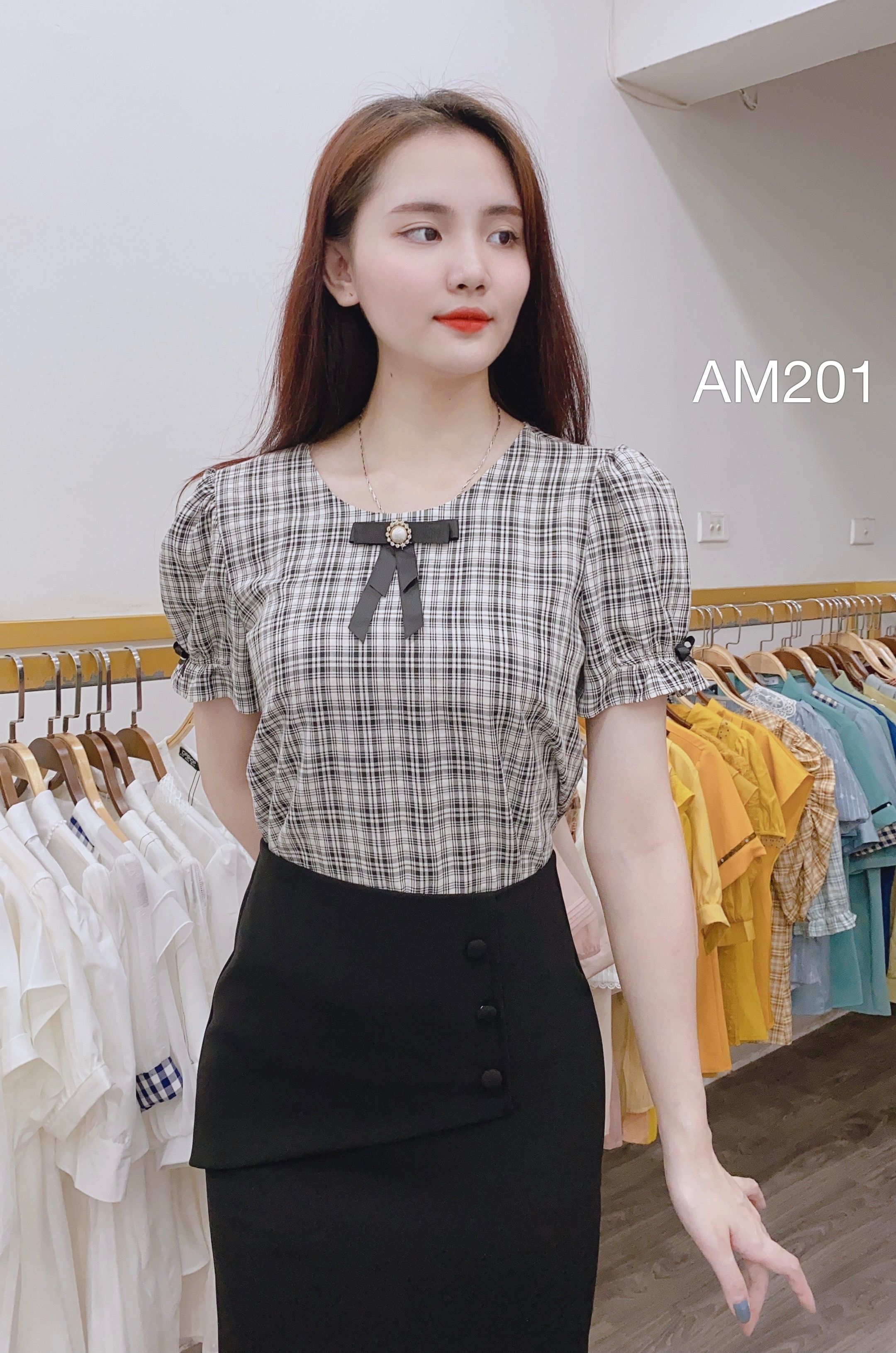A201 áo sơ mi kẻ nơ cài đen